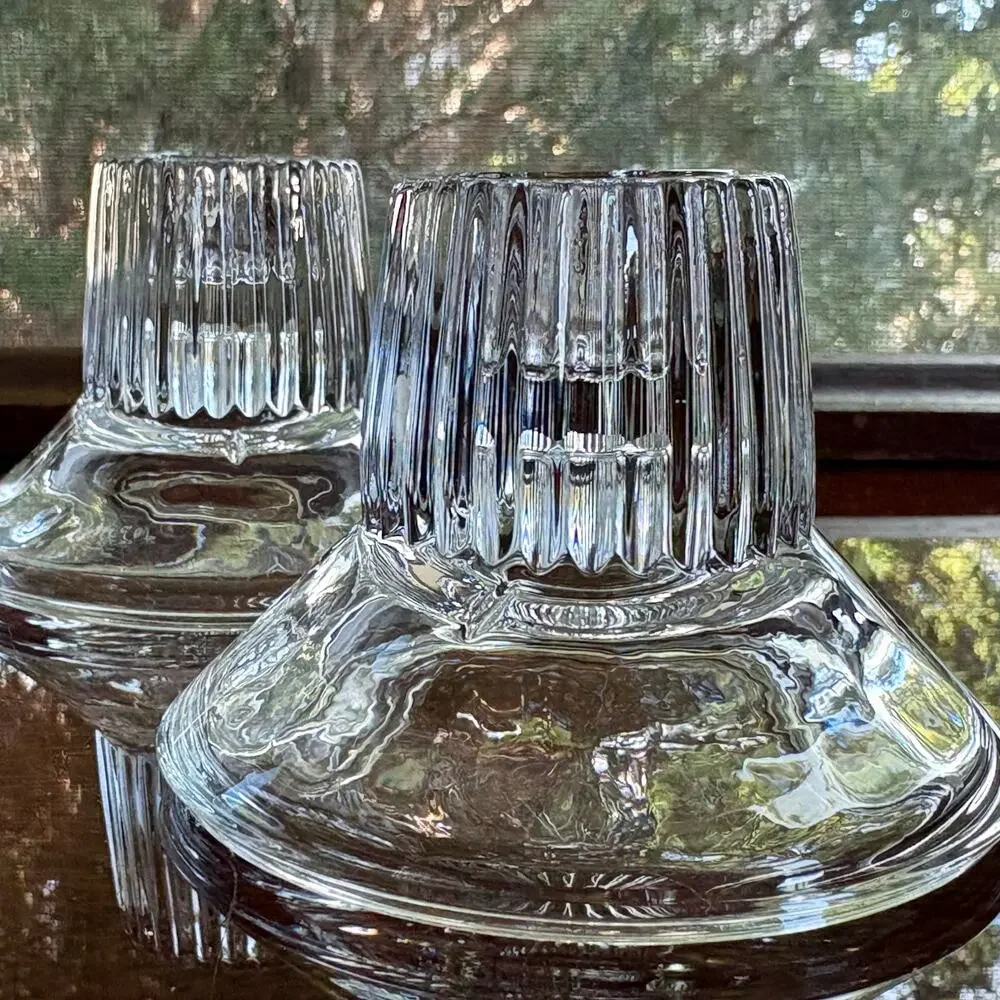 Pair Vintage Clear Glass Candlestick Holders Ribbed Base Mid Century Style
